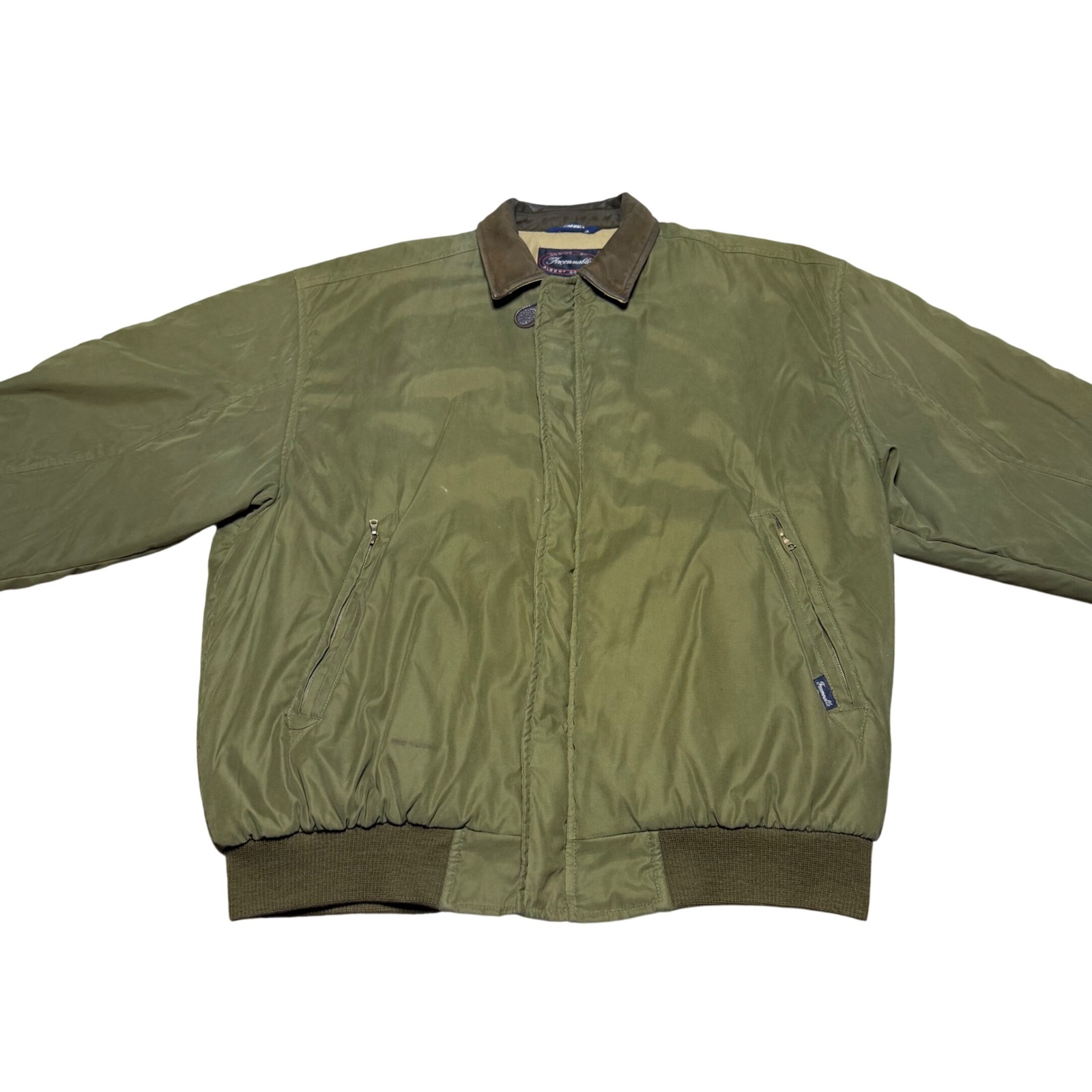 Vintage Faconnable By Albert G Men L Full Zip Bomber Jacket Leather Trim Green